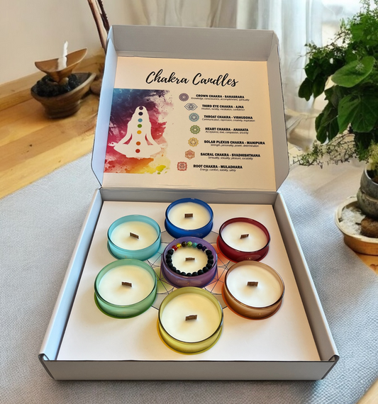 Sheba Scents 7 chakra candle set with reiki-infused, handcrafted, paraben and phthalate-free, soy wax and wood wicks