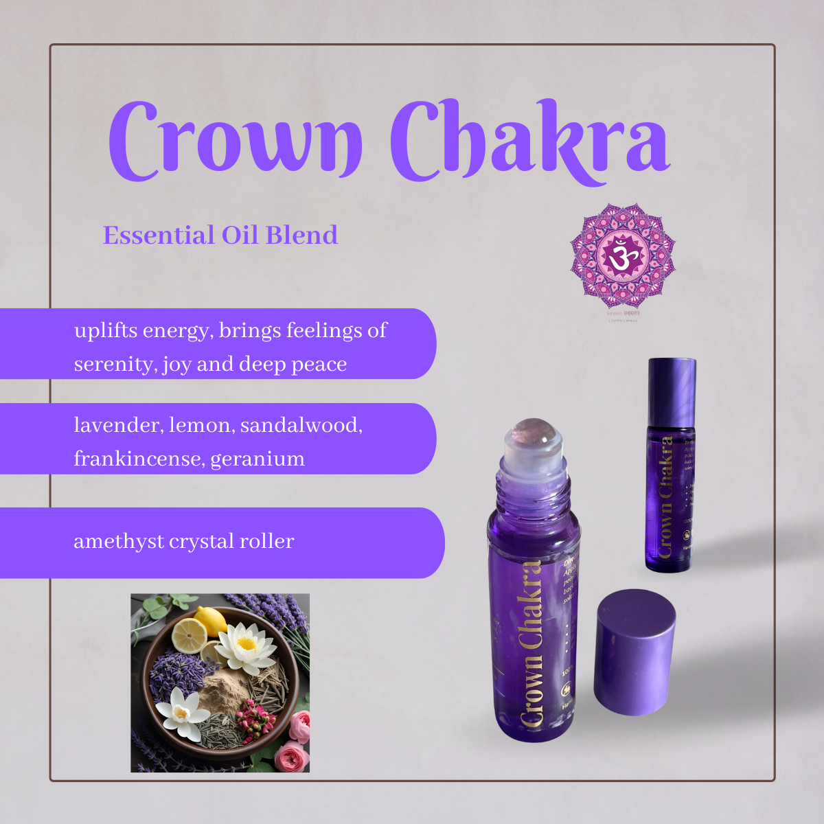 Pure lavender, lemon, sandalwood, frankincense and geranium essential oils blended in a beautiful lavender glass 10 ml roll on bottle to uplift energies, bring feelings of serenity, joy and deep peace