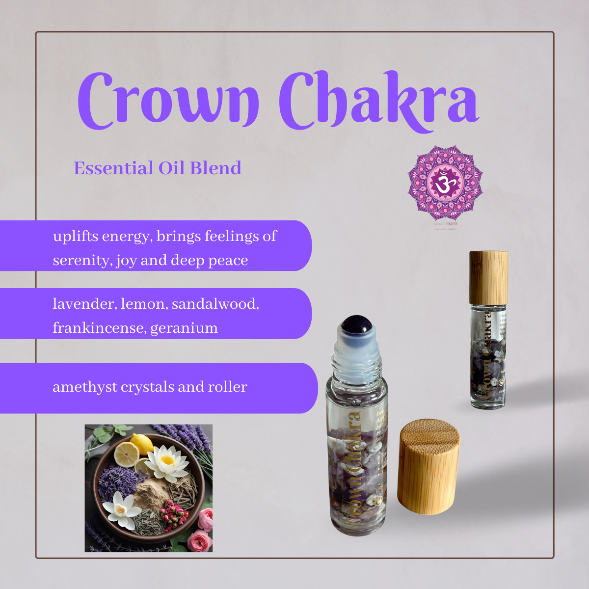 Crown Chakra essential oil blend infused with amethyst crystals to uplift energy, bring feelings of serenity, joy, and deep peace handmade by Sheba Scents