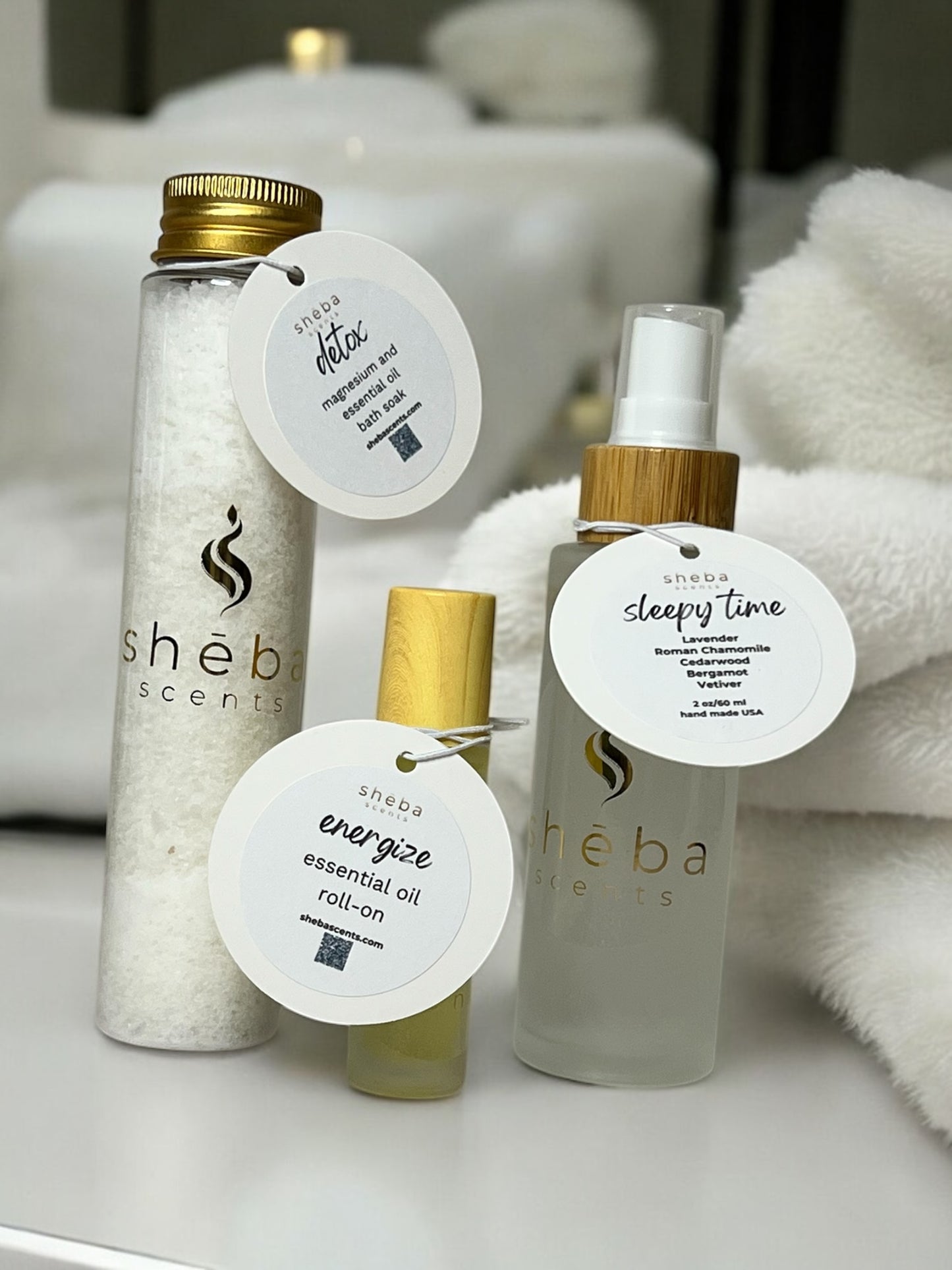 Sheba Scents For Her Gift Bundle is perfect for self-care or gift giving. Includes 4 oz single use detox bath soak, 2 oz deep sleep room or pillow spray and 10 ml energize roll-on