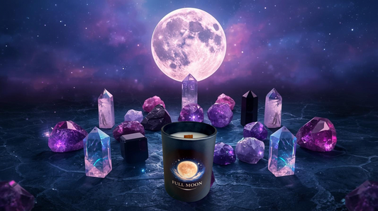 Sheba Scents Full Moon Aromatherapy Candle surrounded by crystals and a large full moon against a starry night sky.