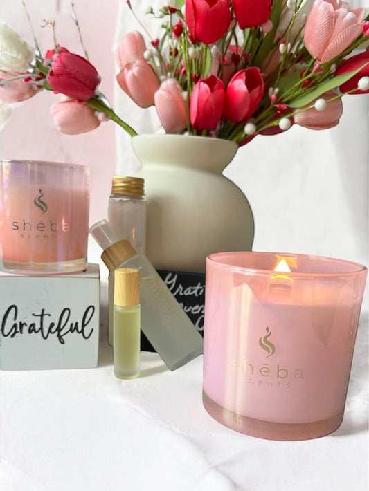 Self-care gift set FOR HER that includes your choice of 6 oz or 17 oz hand poured gratitude candle, a detox bath soak, deep sleep pillow or room spray and an energizing essential oil roll-on for the next day all handcrafted by Sheba Scents
