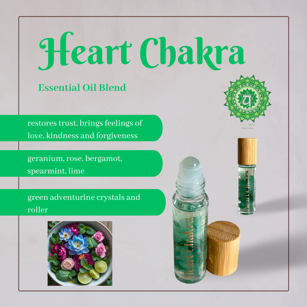 Sheba Scents Heart Chakra green adventurine crystals and geranium, rose, bergamot, spearmint and lime essential oils