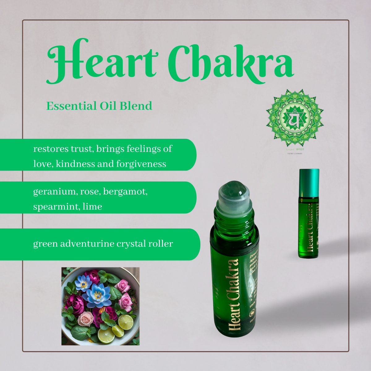 Sheba Scents Heart Chakra essential oil blend to restore trust, and bring feelings of love, kindness and forgiveness