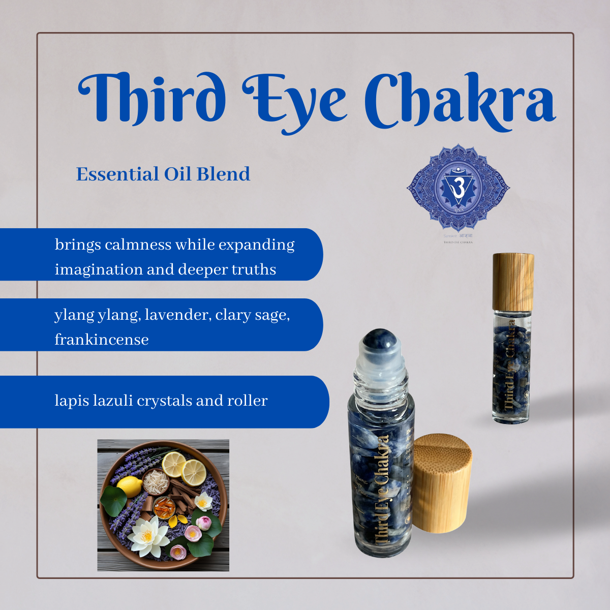 10 mls of lapis lazuli infused in a bottle blended with ylang ylang, lavender, clary sage and frankincense essential oils to bring calmness while expanding imagination and your deeper truths by balancing and supporting your Third Eye Chakra