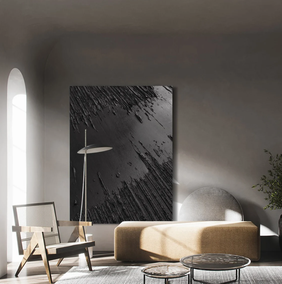 Black Abstract Textured Oil Painting (90" x 60")