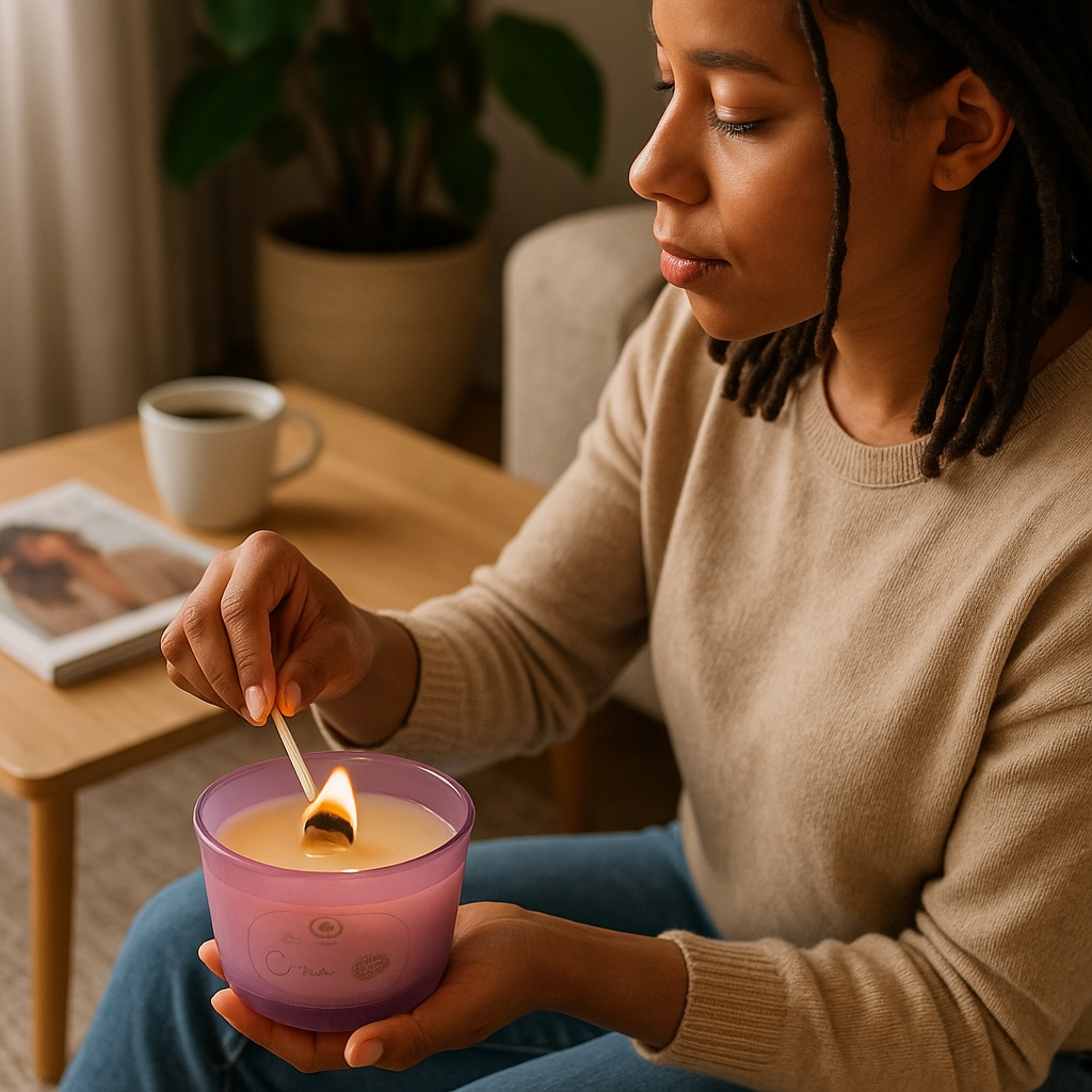 crown chakra candle in violet glass jar with wood wick burning in peaceful setting