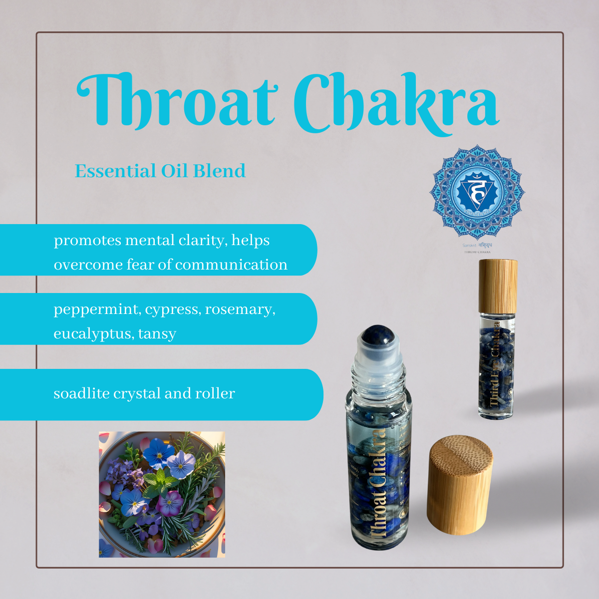 Throat Chakra aromatherapy essential oil blend with peppermint, cypress, rosemary, tansy's eucalyptus and tansy