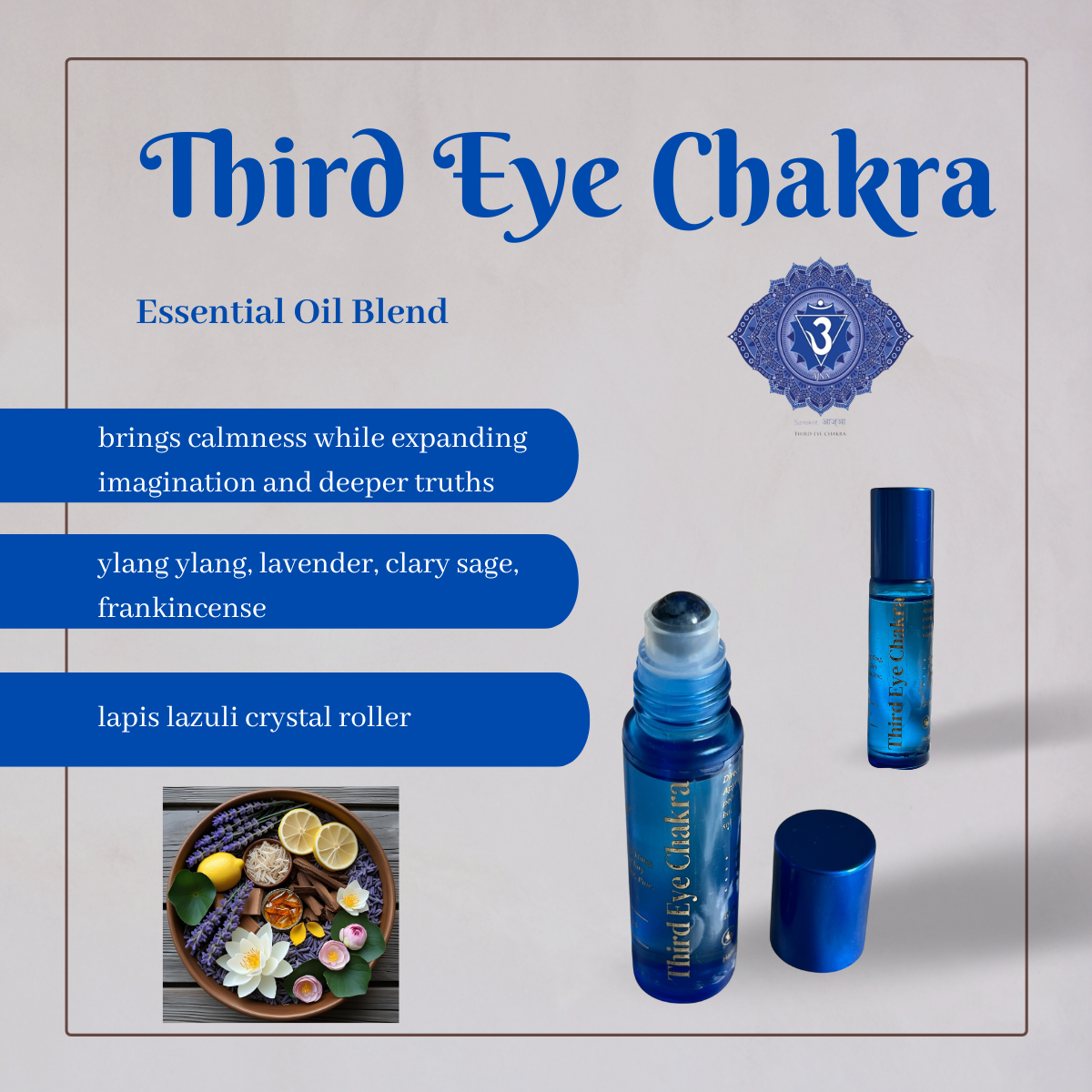 Everything you need for Third Eye Chakra balancing in one bottle - indigo blue, lapis lazuli crystal roller and a blend of pure ylang ylang, lavender, clary sage and frankincense oils handmade and reiki infused by Sheba Scents