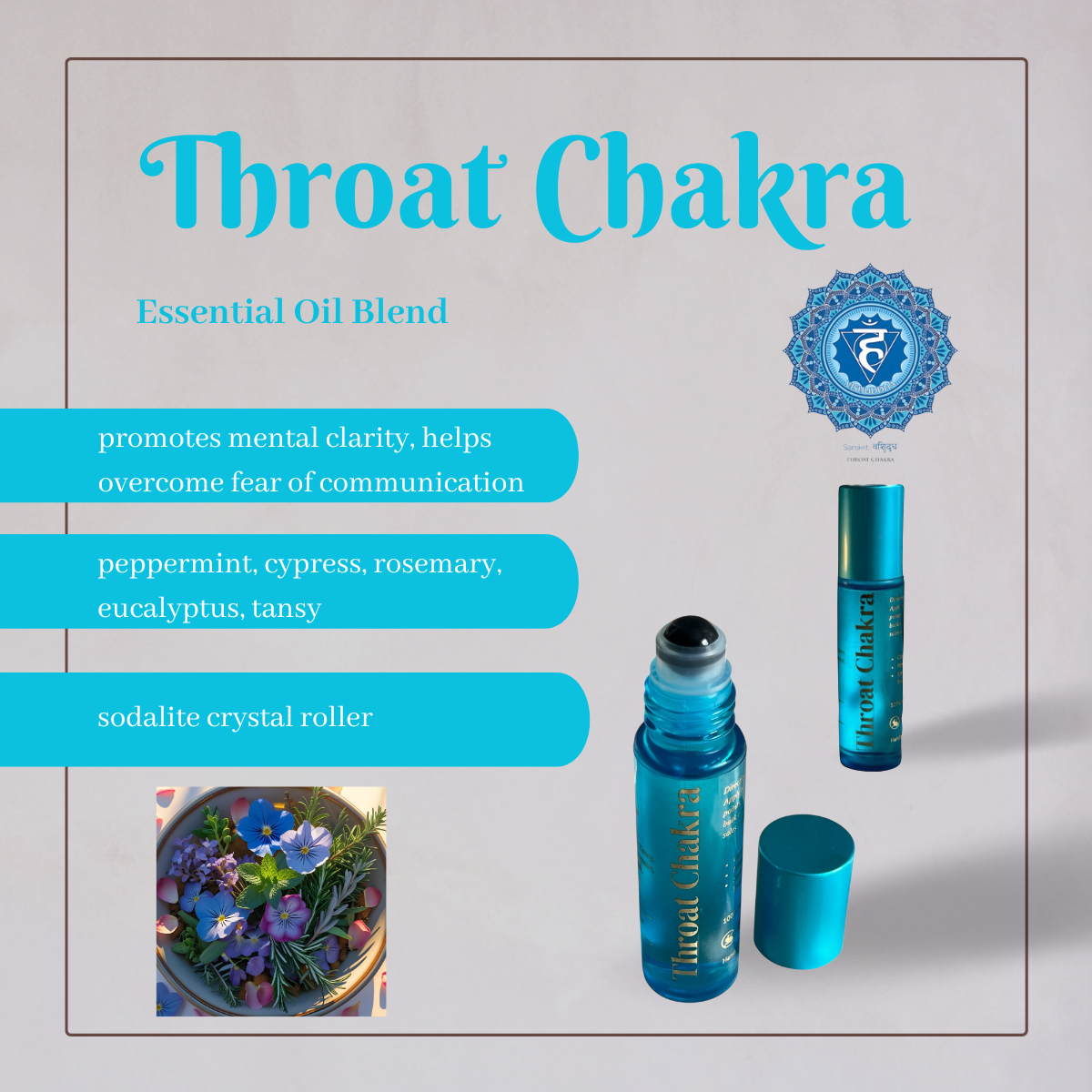 Sheba Scents Handmade Throat Chakra Essential Oil blend and sodalite to promote mental clarity and help overcome fear of communication