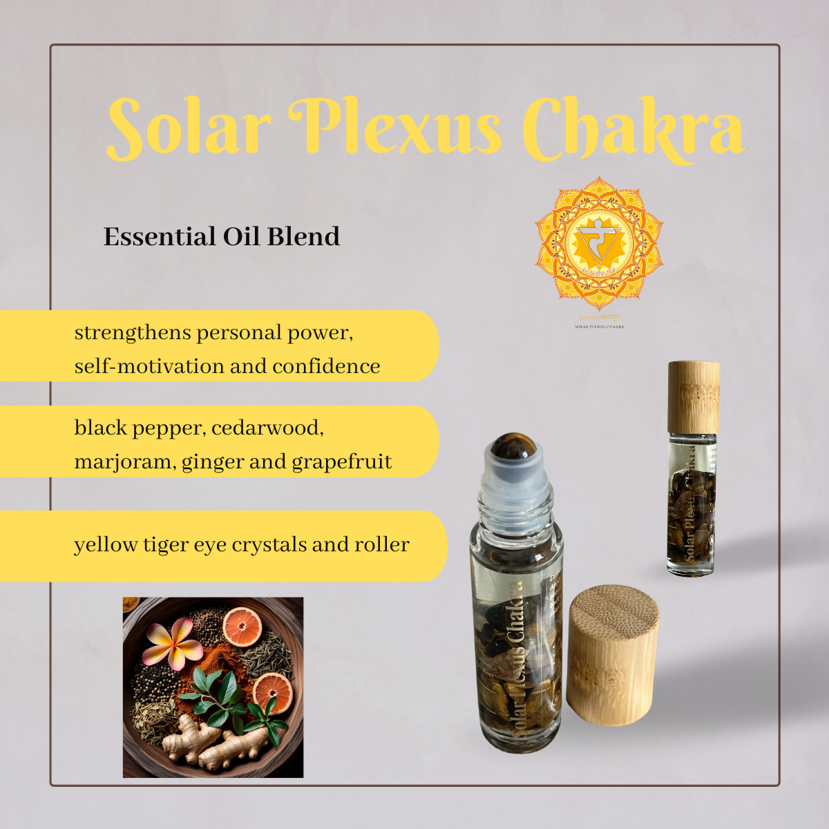 The Sheba Scents yellow tiger eye crystal infused bottle with essential oils for aromatherapy bring you a strong sense of personal power, self-motivation and confidence.