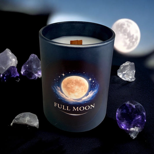 Sheba Scents Full Moon Aromatherapy Candle surrounded by crystals full moon energy