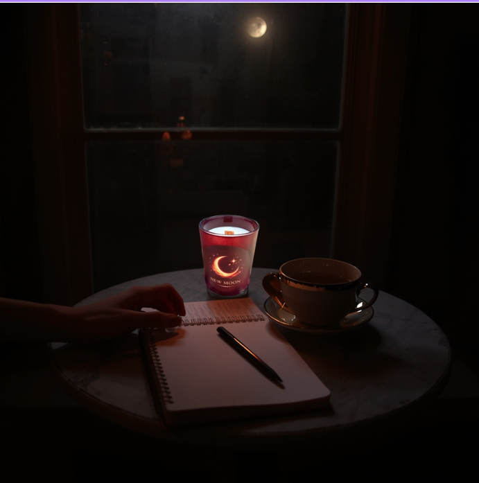 A new moon ritual of journalling and intention setting with a new moon ritual candle by sheba scents