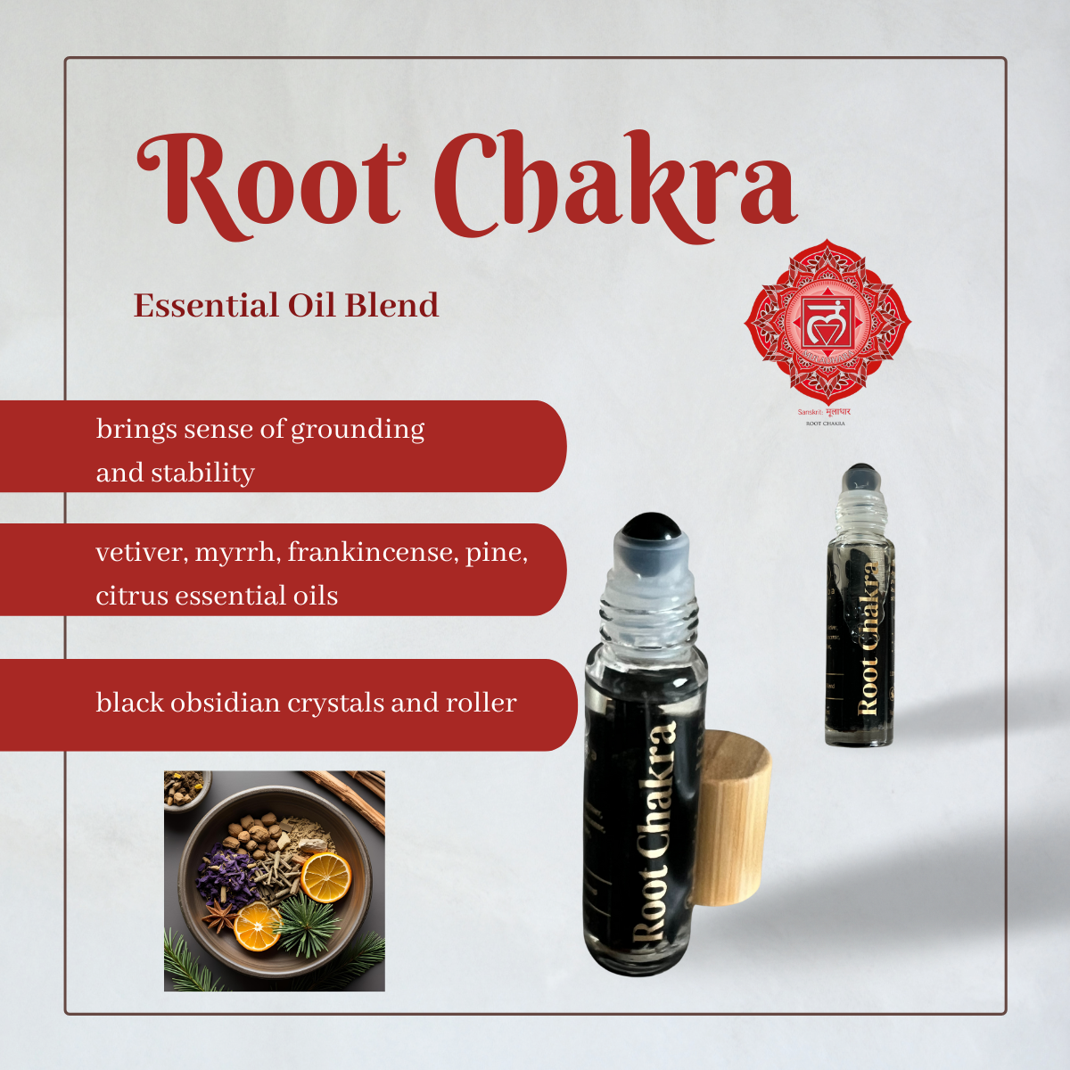 Essential Oil Aromatherapy and Black Obsidian Crystals to bring you a sense of grounding and stability.