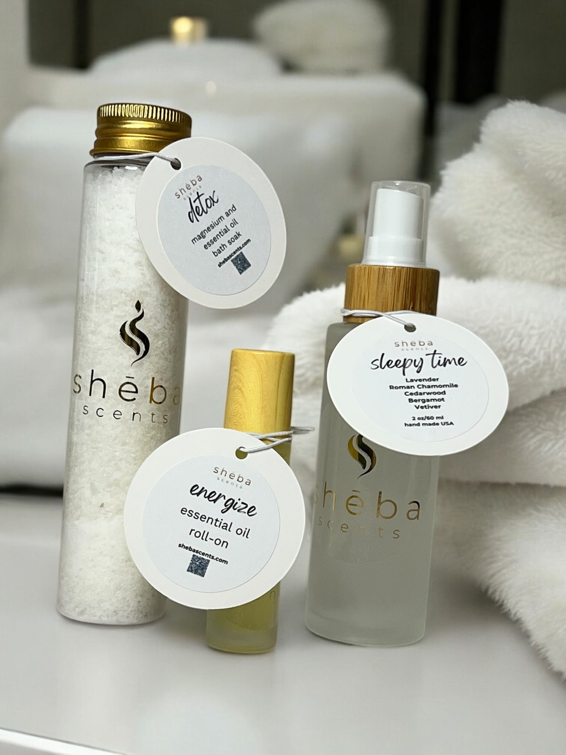 Sheba Scents For Her Gift Bundle is perfect for self-care or gift giving.  Includes 4 oz single use detox bath soak, 2 oz deep sleep room or pillow spray and 10 ml energize roll-on