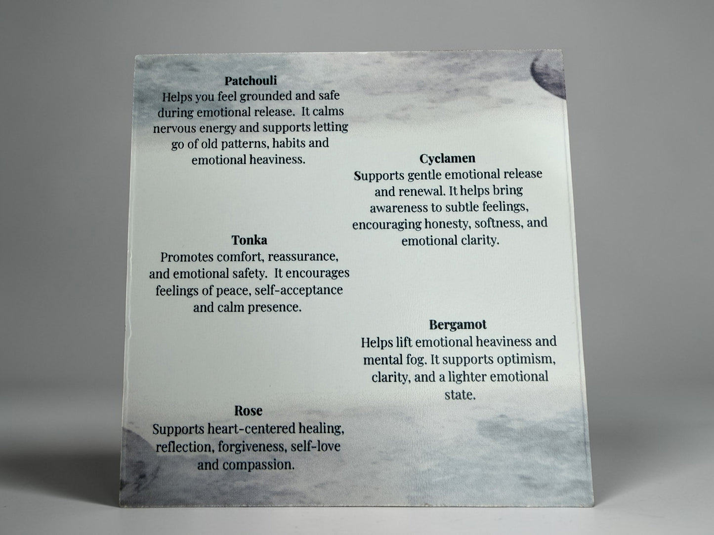 Full Moon energetic benefits of aromatherapy with patchouli, cyclamen, tonka, bergamot and rose