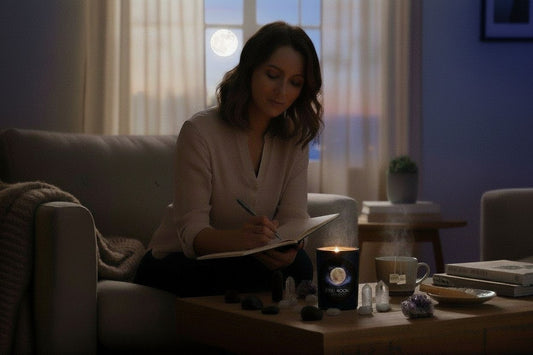Woman writing in her journal on a full moon during a full moon ritual with a sheba scents full moon aromatherapy candle and amethyst, clear quarts and obsidian crystals for full moon energy