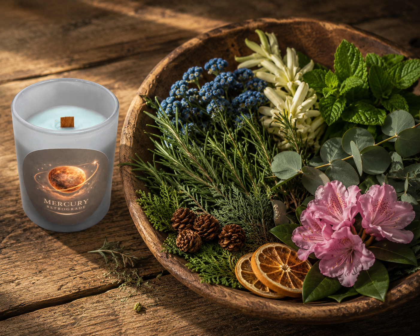 A frosted glass candle labeled 'MERCURY Retrograde' sits beside a large wooden bowl filled with botanical ingredients including blue tansy, eucalyptus, mint, pink rhododendron blossoms, and dried orange slices.