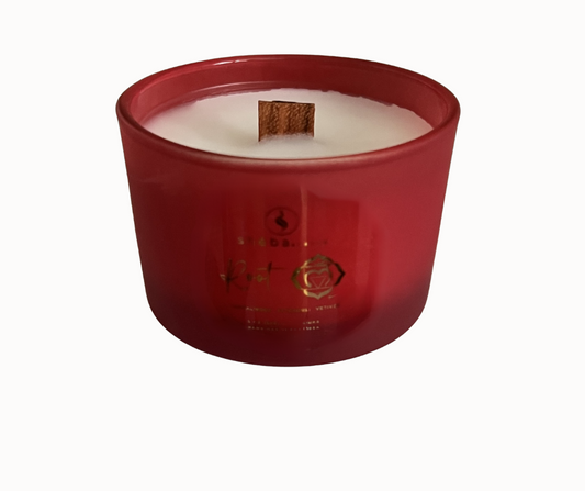 the sheba scents red glass reusable jar is a beautiful and thoughtful part of this healing root chakra candle