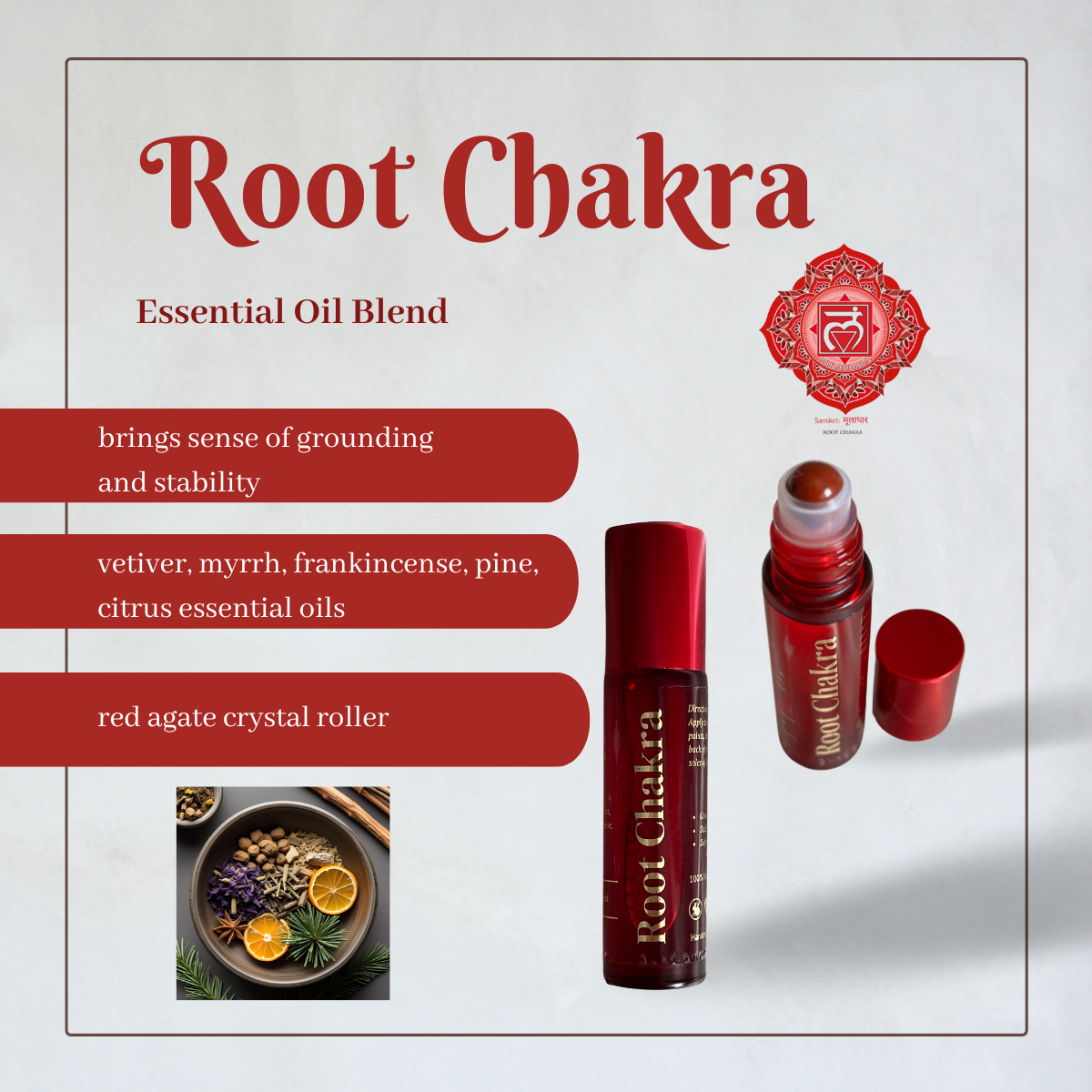 Root Chakra Essential Oil aromatherapy combination of vetiver, myrrh, frankincense, pine and citrus