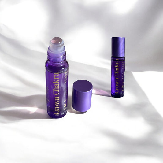 10ml Crown Chakra essential oil roll-on bottle with amethyst roller ball for energy healing and chakra balancing by Sheba Scents