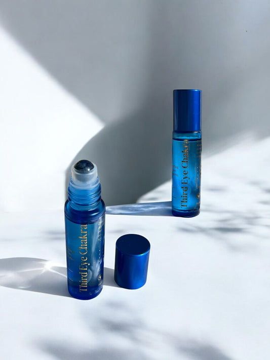 10ml Third Eye Chakra essential oil roll-on with indigo glass bottle and lapis lazuli roller ball for intuition and spiritual clarity by Sheba Scents