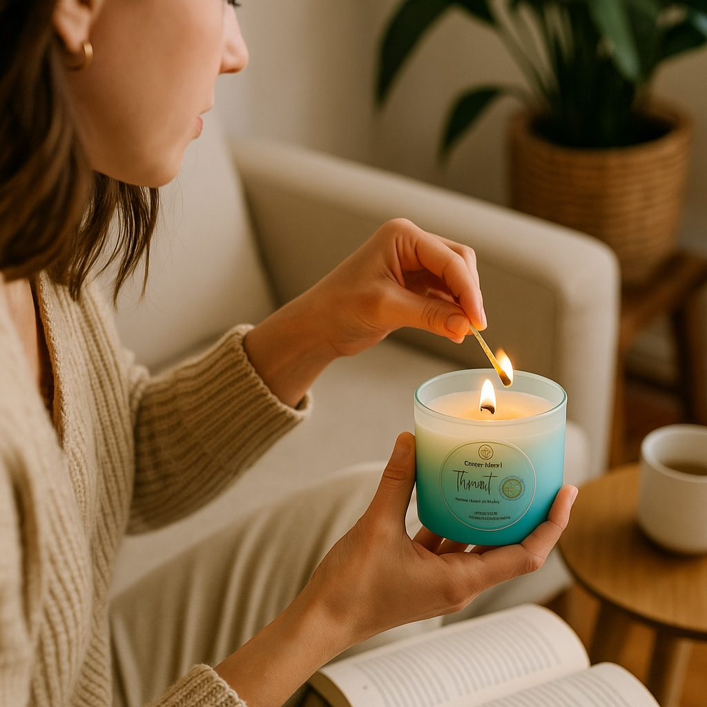 throat chakra ritual setup with candle, journal, and tea for your meditation practice