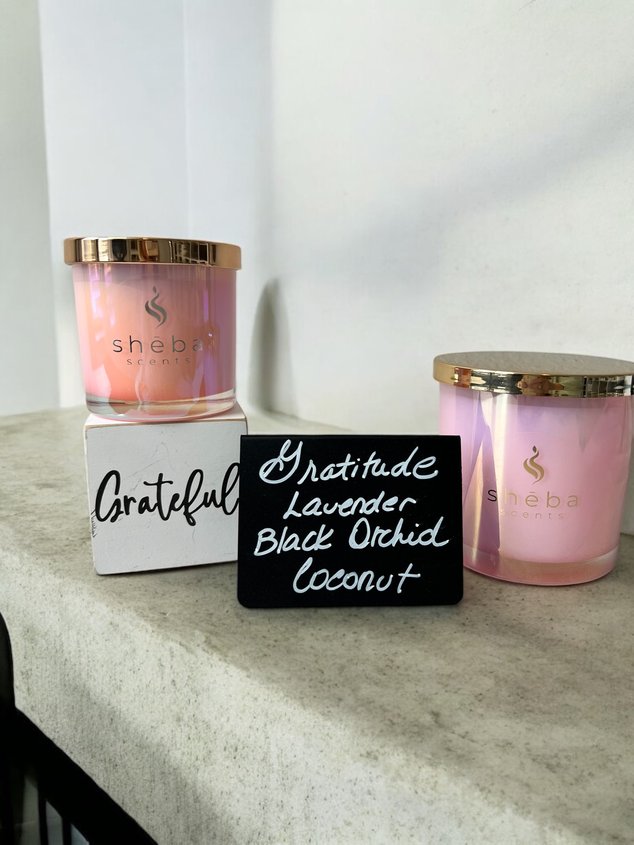 Gratitude candle original scent blend with lavender, black orchid and coconut in 6 oz or 17 oz options by Sheba Scents