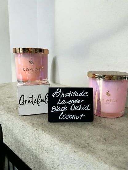 Gratitude candle original scent blend with lavender, black orchid and coconut in 6 oz or 17 oz options by Sheba Scents