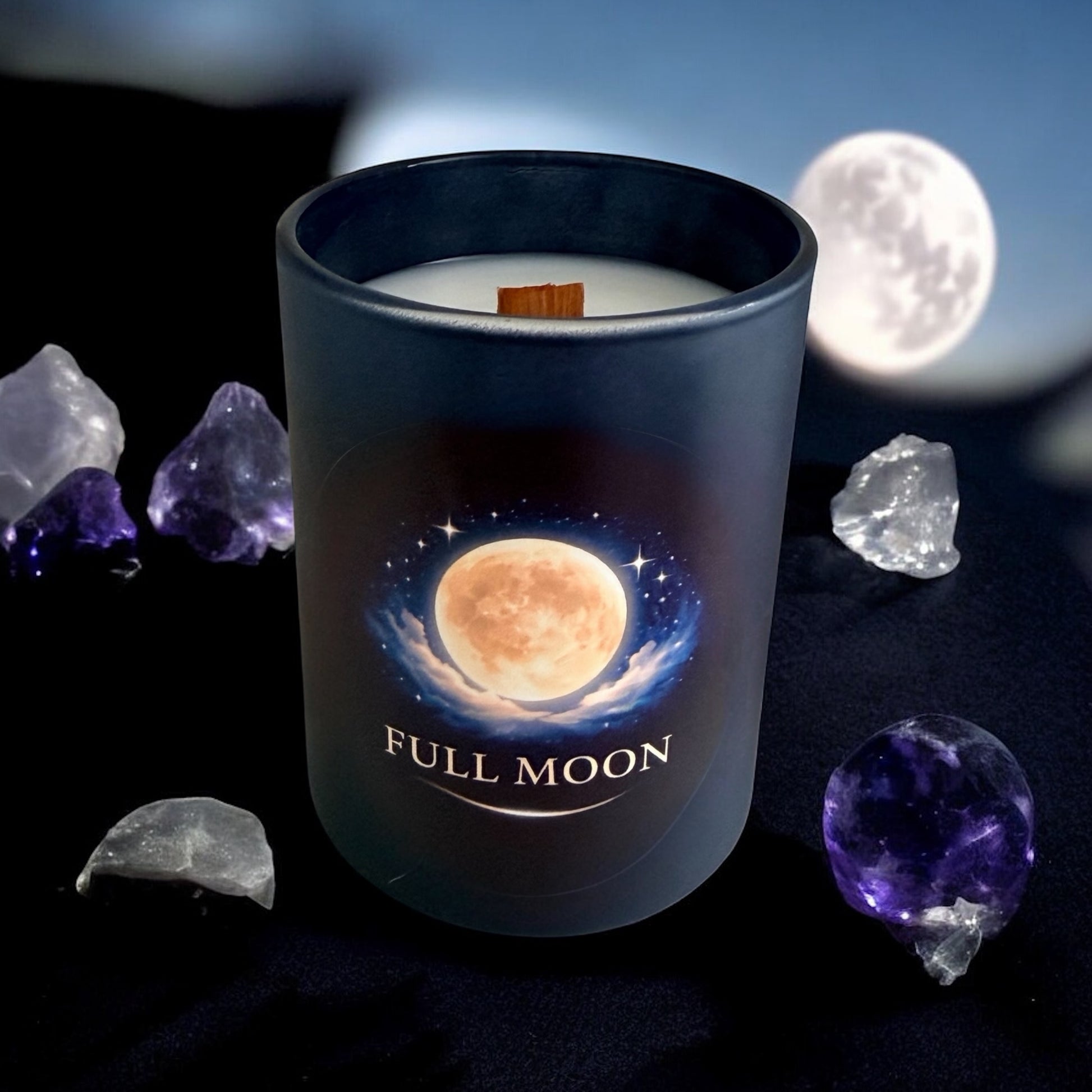 Sheba Scents Full Moon Aromatherapy Candle surrounded by crystals full moon energy